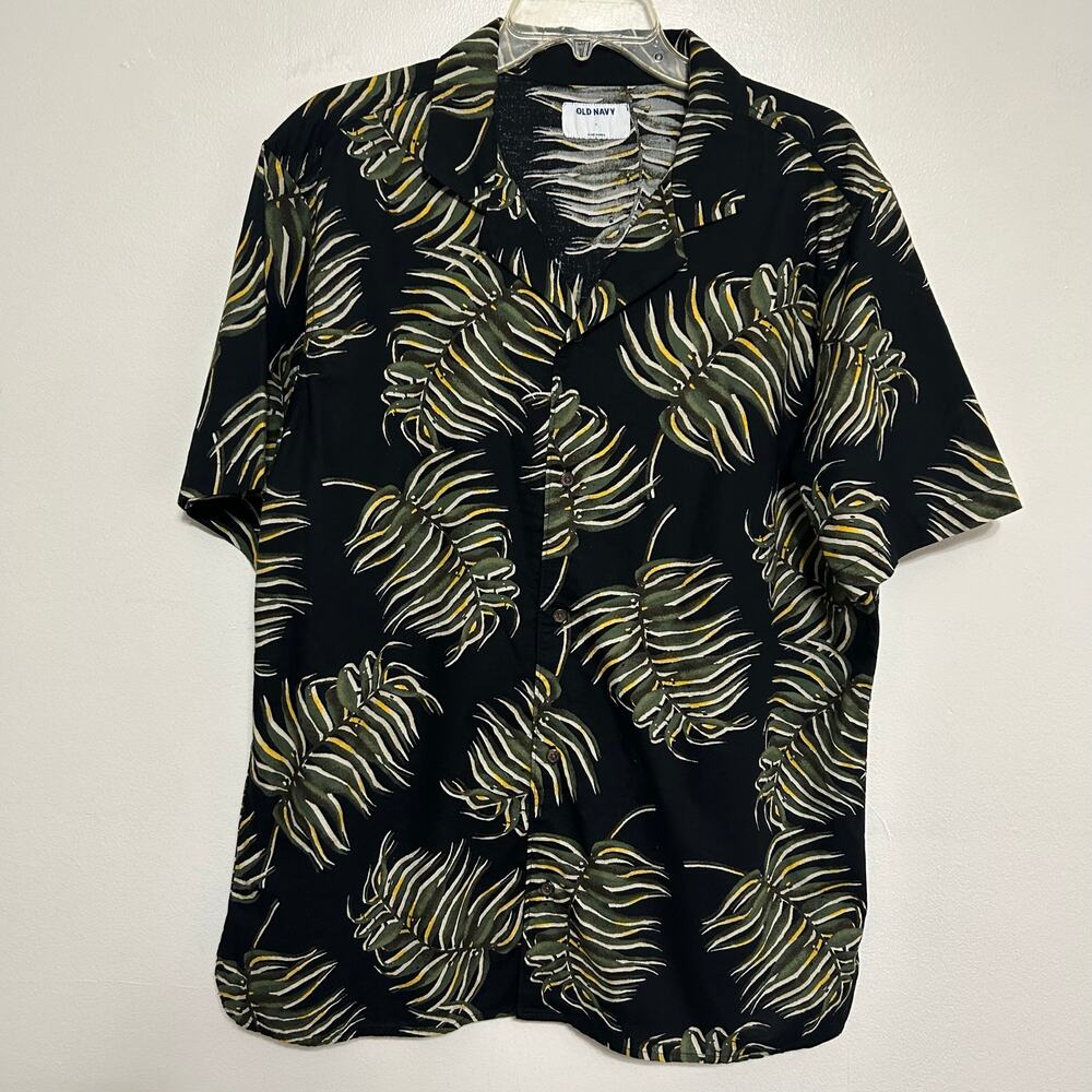 Old Navy Tropical Leaf Camp Shirt Black Cotton Hemp Men's
